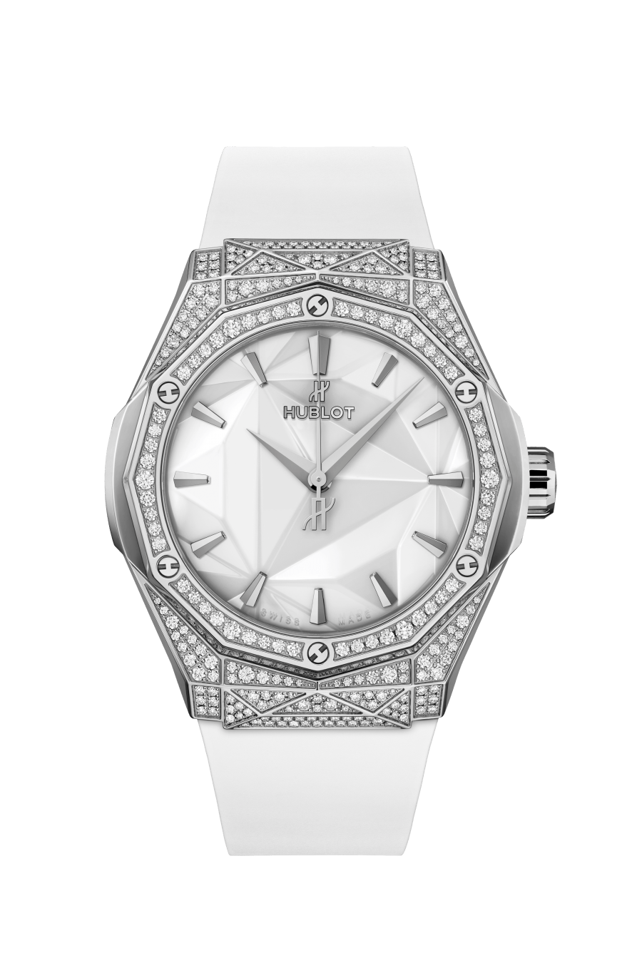 Hublot Classic Fusion Orlinski Titanium White Pave 40 MM - White Rubber Strap - Diamond Bezel - Polished White Dial - 550.NS.2200.RW.1604.ORL20