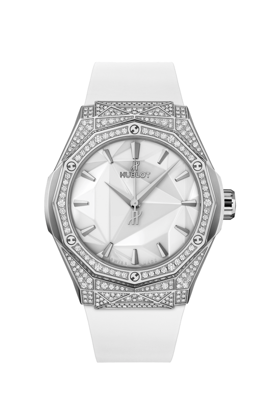 Hublot Classic Fusion Orlinski Titanium White Pave 40 MM - White Rubber Strap - Diamond Bezel - Polished White Dial - 550.NS.2200.RW.1604.ORL20