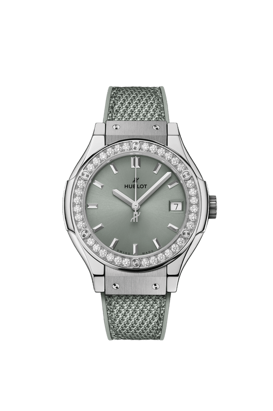 Hublot Classic Fusion Sage Green - Titanium - Diamond Bezel - 33 MM - Sage Green Rubber/Fabric Strap - Satin Sage Green Sunray Dial - 581.NX.891G.NR.1104