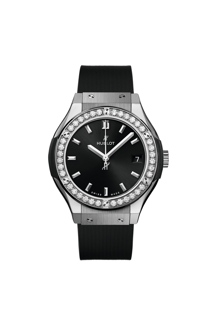 Hublot Classic Fusion Titanium Diamonds 33 MM - Black Rubber Strap - Diamond Bezel - Satin Black Sunrays Dial - 581.NX.1470.RX.1104