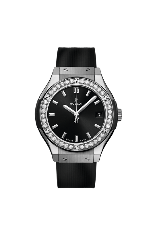 Hublot Classic Fusion Titanium Diamonds 33 MM - Black Rubber Strap - Diamond Bezel - Satin Black Sunrays Dial - 581.NX.1470.RX.1104