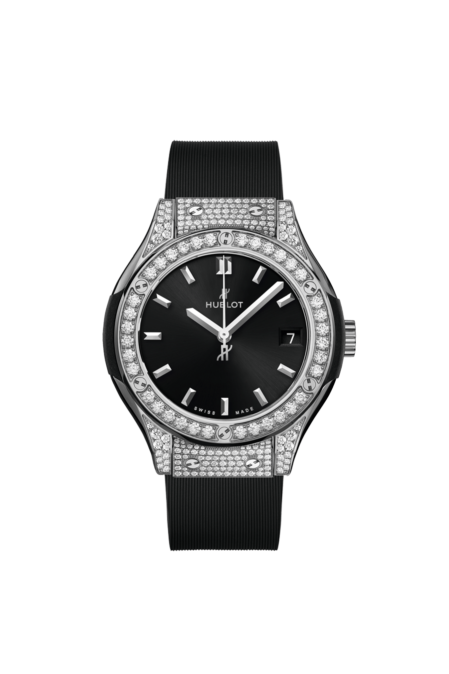 Hublot Classic Fusion Titanium Pave 33 MM - Black Rubber and Alligator Strap - Diamond Bezel - Satin Black Sunrays Dial - 581.NX.1470.RX.1704