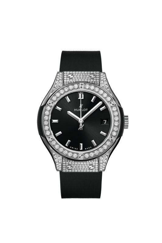 Hublot Classic Fusion Titanium Pave 33 MM - Black Rubber and Alligator Strap - Diamond Bezel - Satin Black Sunrays Dial - 581.NX.1470.RX.1704