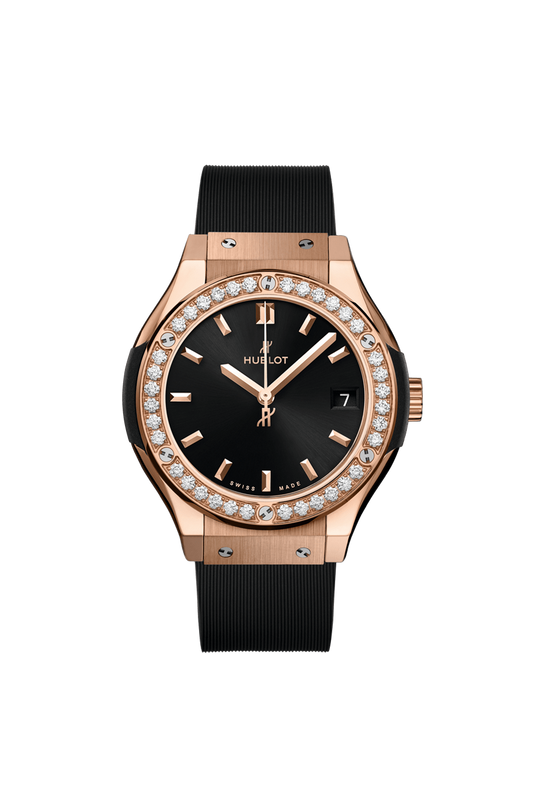 Hublot Classic Fusion Racing King Gold Diamonds 33 MM - Black Rubber Strap - Diamond Bezel - Satin Black Sunrays Dial - 581.OX.1480.RX.1104