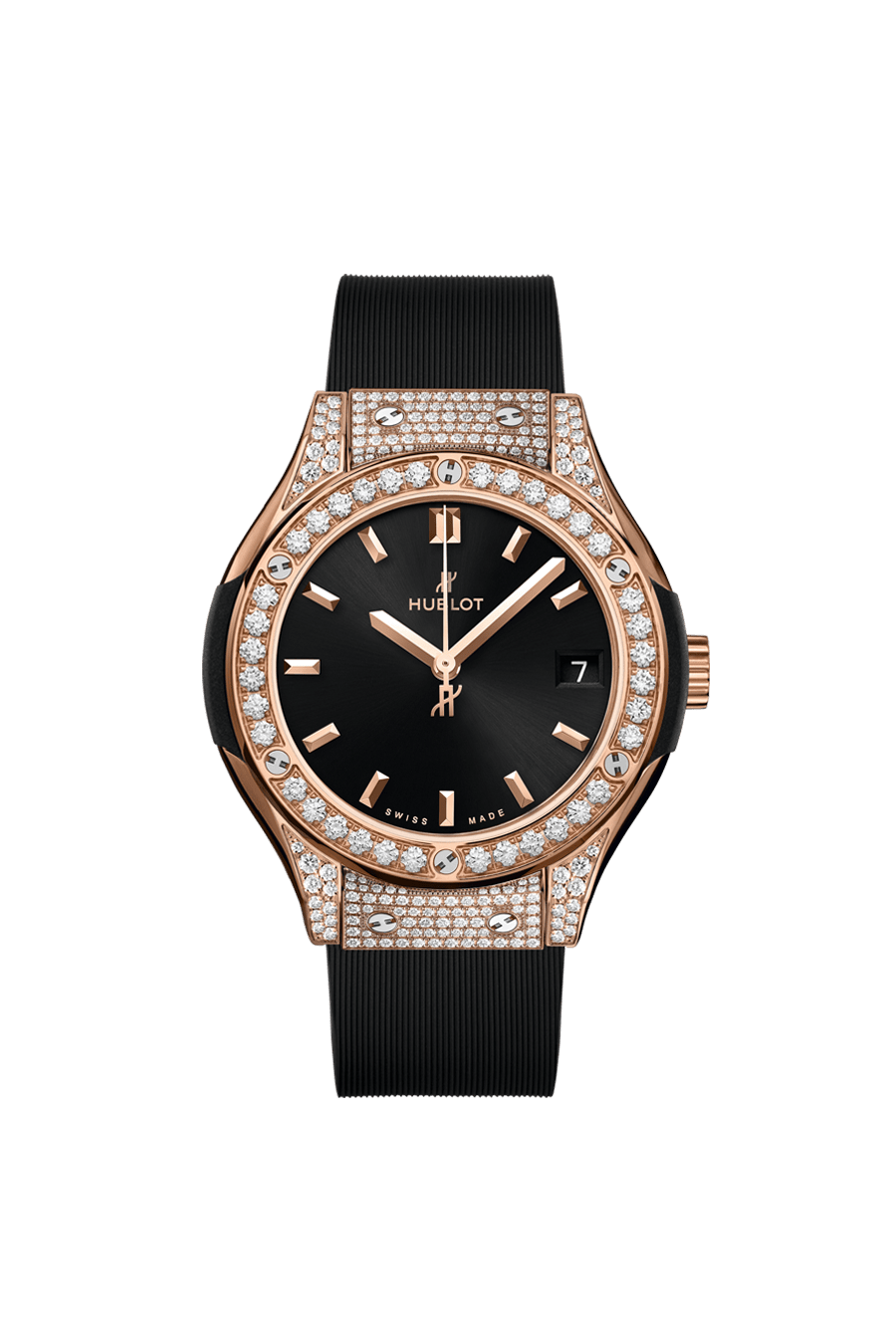 Hublot Classic Fusion Racing King Gold Pave 33 MM - Black Rubber and Alligator Strap - Diamond Bezel - Satin Black Sunrays Dial - 581.OX.1480.RX.1704