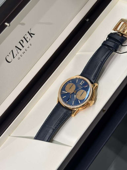 Czapek Faubourg de Cracovie Océan d’Or - Limited Edition - 41.5 MM - Rose Gold - Blue Dial - Blue Leather Bracelet - 1028