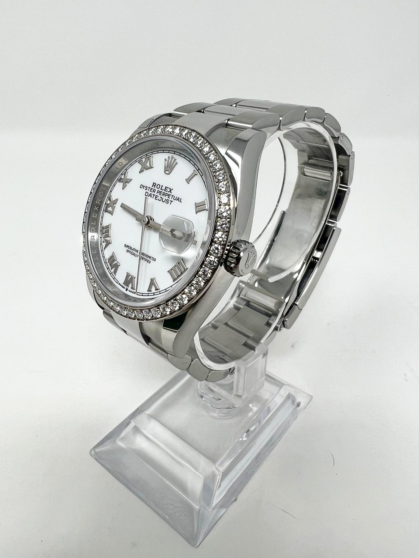 Rolex Stainless Steel And White Gold Datejust - 36 MM - Oyster Bracelet - Diamond Bezel - White Roman Dial - 126284RBR wro