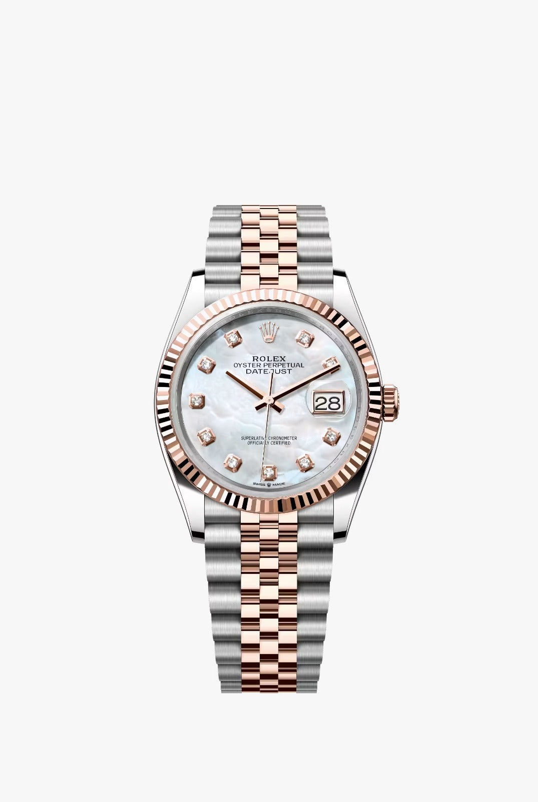 Rolex Stainless Steel And Pink Gold Datejust - 36 MM - Jubilee Bracelet - Fluted Bezel - Mother of Pearl Diamond Dial - 126231-0021