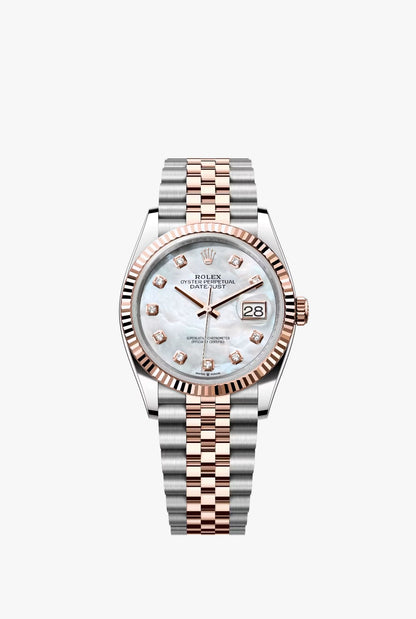 Rolex Stainless Steel And Pink Gold Datejust - 36 MM - Jubilee Bracelet - Fluted Bezel - Mother of Pearl Diamond Dial - 126231-0021