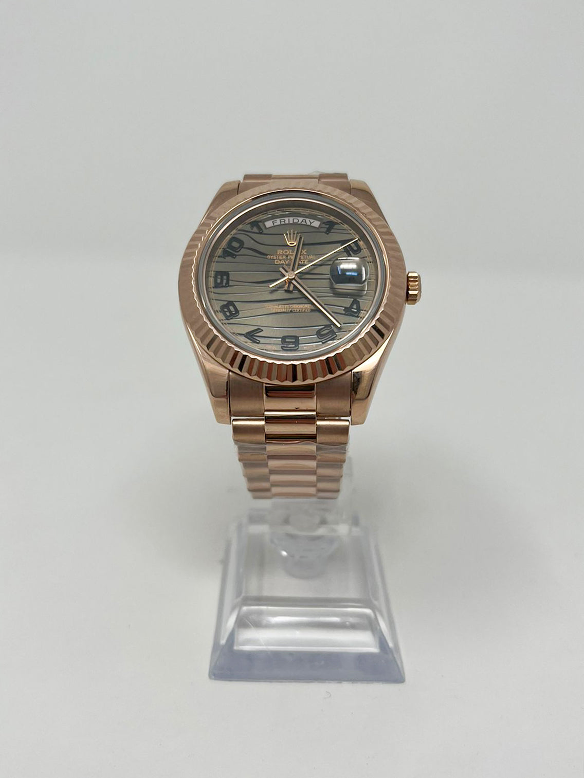 Rolex Everose Gold Day Date 41 MM - President Bracelet - Fluted Bezel - Wave Dial - 218235