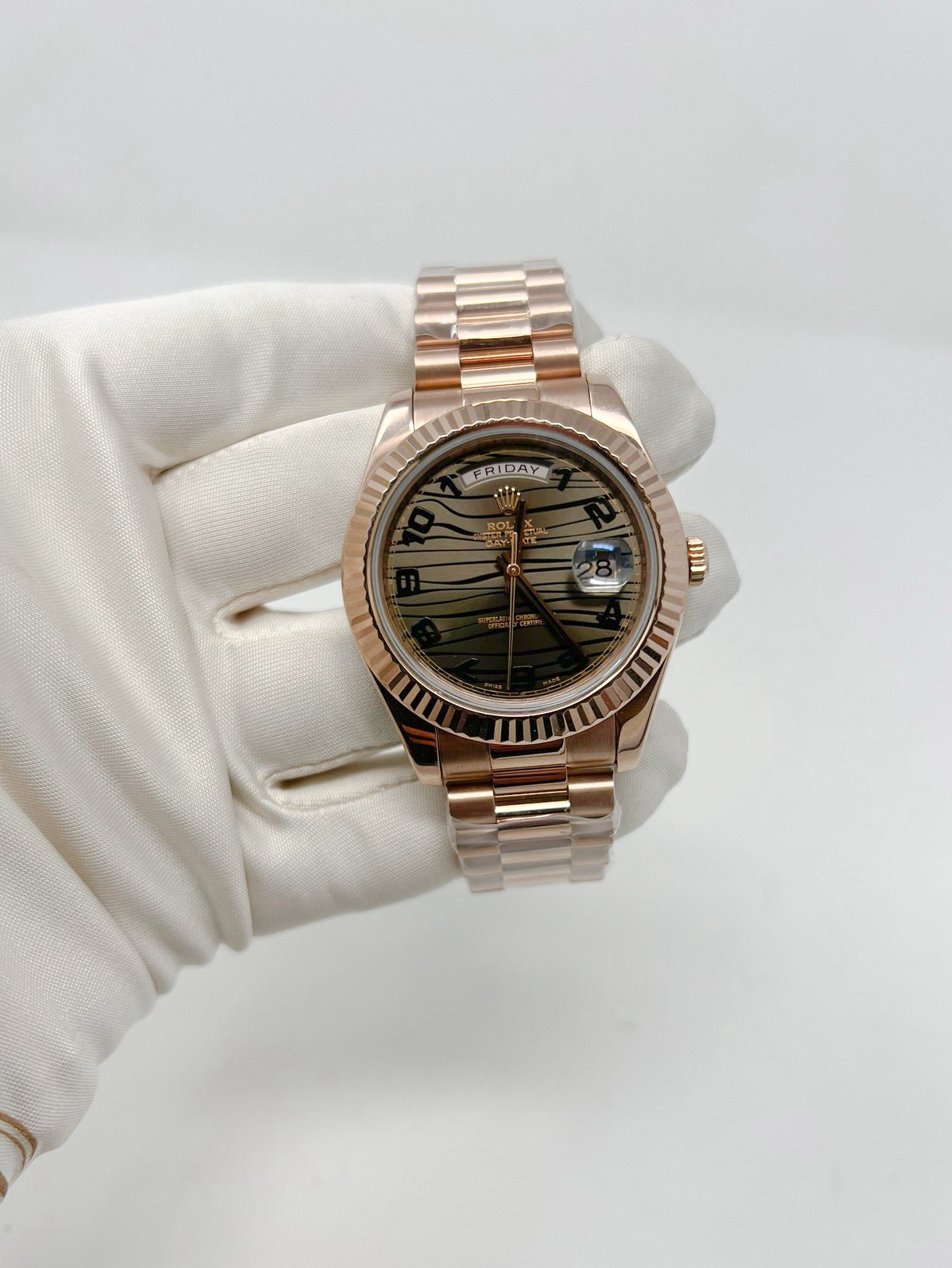 Rolex Everose Gold Day Date 41 MM - President Bracelet - Fluted Bezel - Wave Dial - 218235