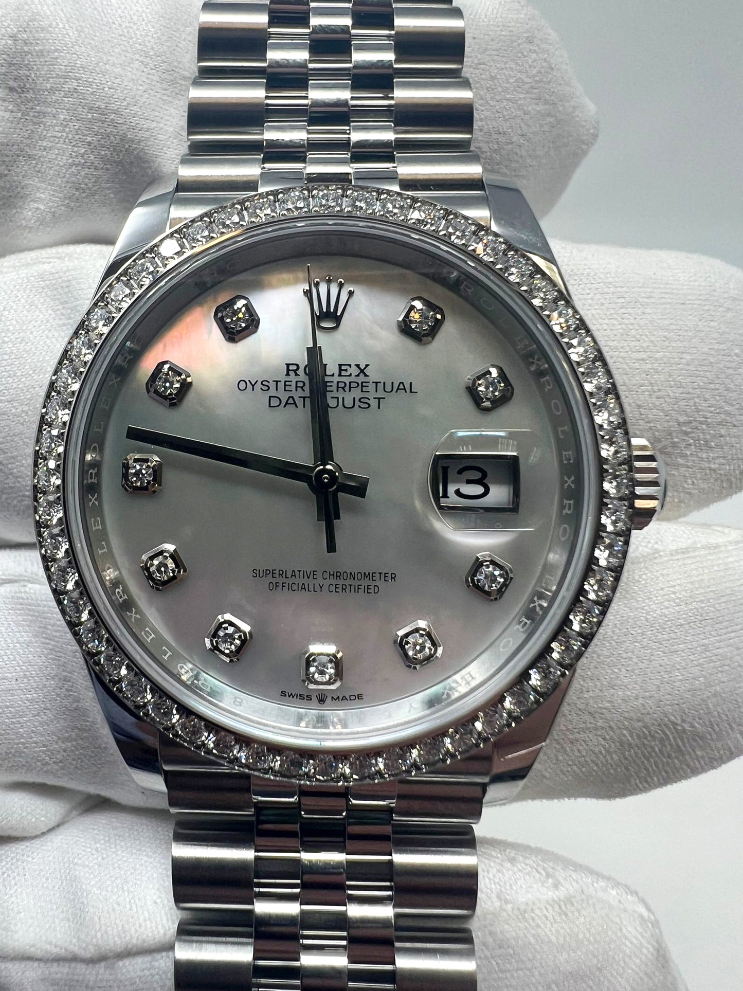 Rolex Stainless Steel And White Gold Datejust - 36 MM - Jubilee Bracelet - Diamond Bezel - Mother of Pearl Diamond Dial - 126284RBR mdj