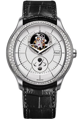 Piaget Gouverneur Tourbillon  - White Gold 43 MM - Black Leather Strap - Diamond Bezel - Silvered Dial - G0A37115