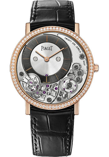 Piaget Altiplano - Rose Gold 38 MM - Black Leather Strap - Diamond Bezel - Grey Skeleton Dial - G0A40013