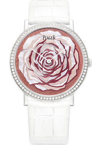 Piaget Altiplano - White Gold 38 MM - White Leather Strap - Diamond Bezel - Pink Marquetry Dial - G0A41208