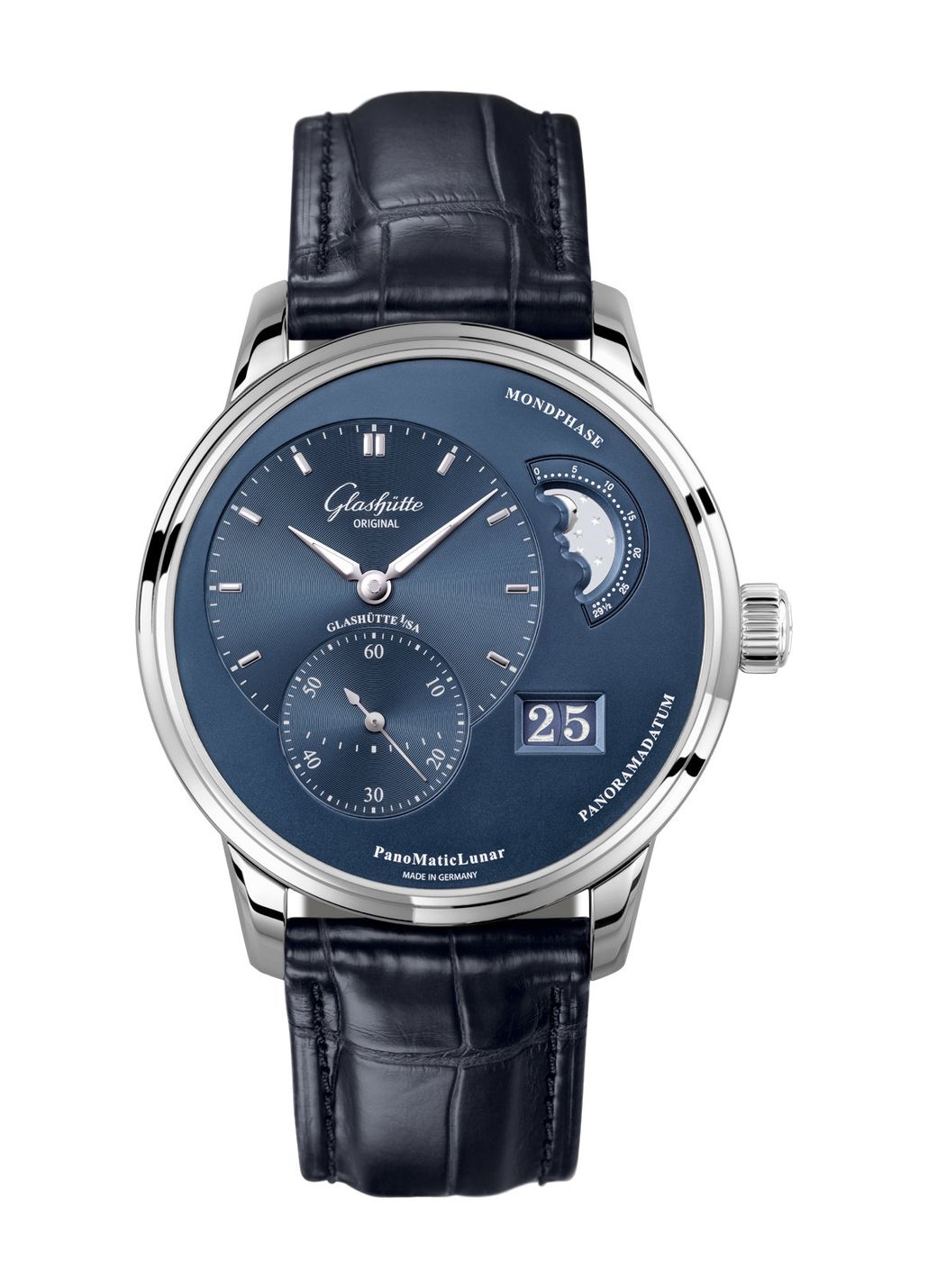 Glashütte PanoMaticLunar - 40 MM - Stainless Steel - Blue Dial - Blue Leather Strap - 1-90-02-46-32-35