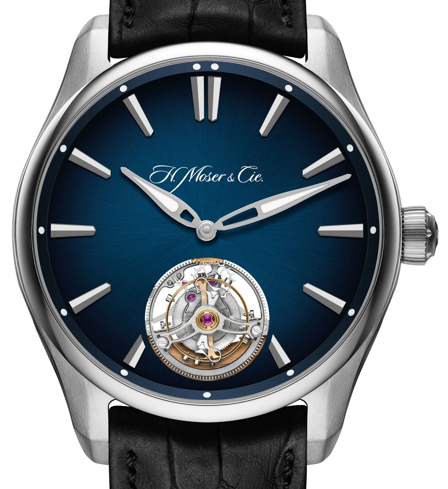 H. Moser & Cie Pioneer Tourbillon - Limited to 50 pieces - Stainless Steel - 43 MM - Black Leather Strap - Midnight Blue Fumé Dial - 3804-1201