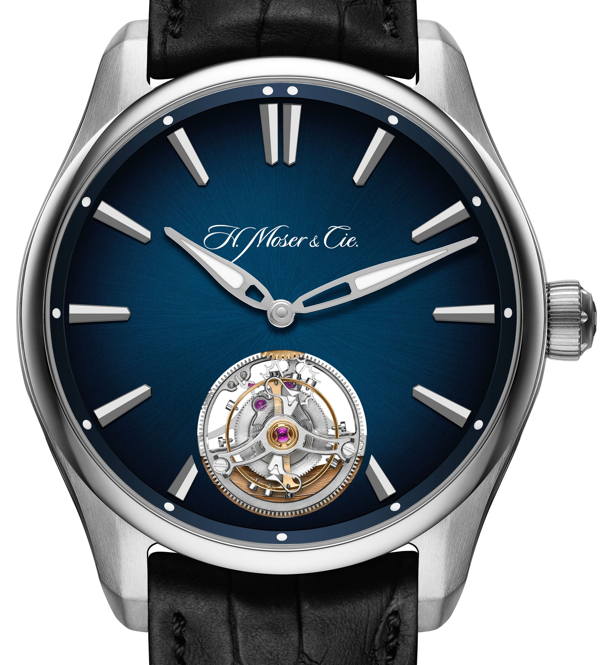 H. Moser & Cie Pioneer Tourbillon - Limited to 50 pieces - Stainless Steel - 43 MM - Black Leather Strap - Midnight Blue Fumé Dial - 3804-1201