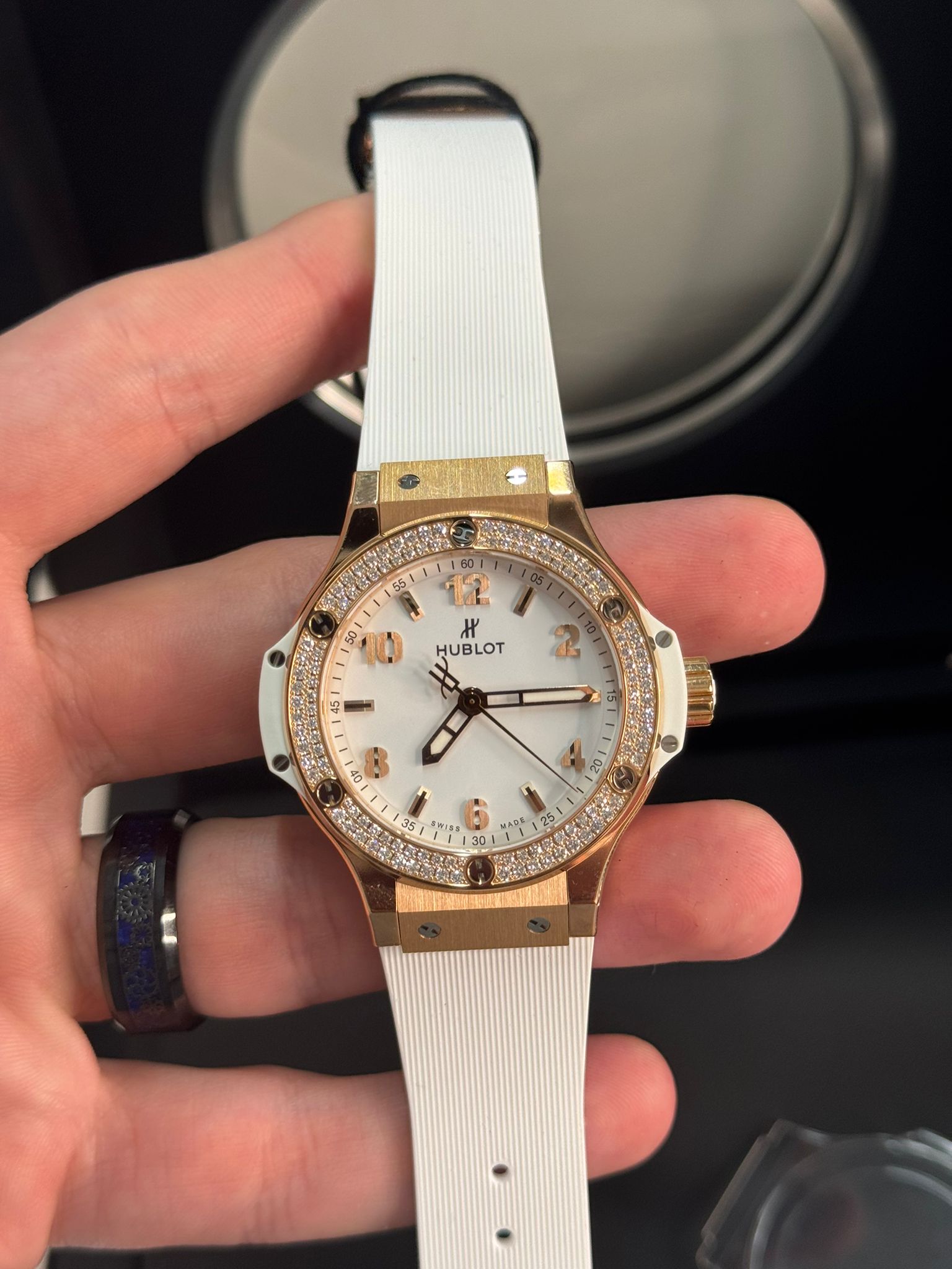 Hublot - Big Bang - 38 MM - Yellow Gold and Diamonds - White Dial - White Rubber Strap - Diamond Bezel - 361.PE.2010.RW.1704