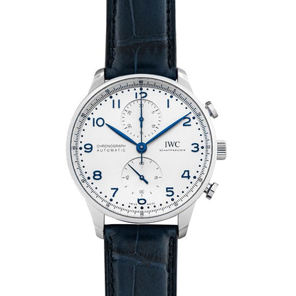 IWC Portugieser Chronograph Steinless Steel 41 MM - Black Leather Strap - Silver Dial - IW371605