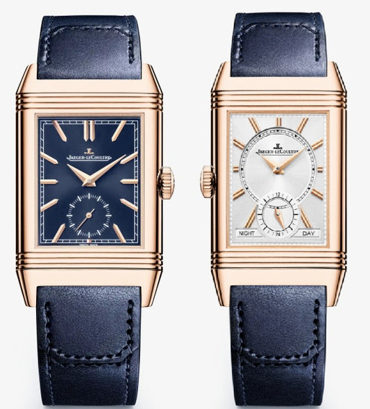 JLC - Reverso Tribute Duoface Small Seconds - 47 MM x 28.3 MM - Pink Gold - Blue/Silvered Dial - Blue Strap - JLC Q3982590