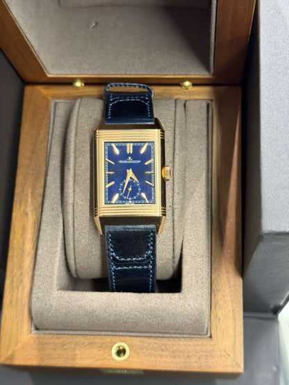 JLC - Reverso Tribute Duoface Small Seconds - 47 MM x 28.3 MM - Pink Gold - Blue/Silvered Dial - Blue Strap - JLC Q3982590
