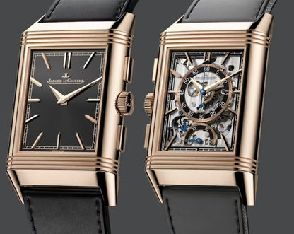 JLC - Reverso Tribute Chronograph - 30 MM - 18k Pink Gold - Black Dial - Calf Leather and Canvas Strap - JLC Q389257J