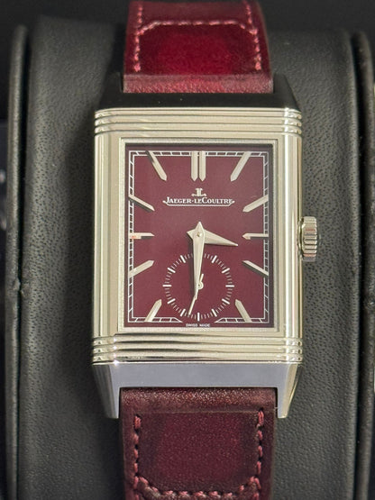 JLC - Reverso Tribute Monoface Small Seconds - 45.6 MM x 27.4 MM - Stainless Steel - Burgundy Dial - Burgundy Leather Strap - JLC Q397846J