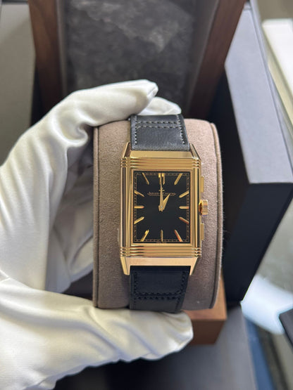 JLC - Reverso Tribute Chronograph - 30 MM - 18k Pink Gold - Black Dial - Calf Leather and Canvas Strap - JLC Q389257J