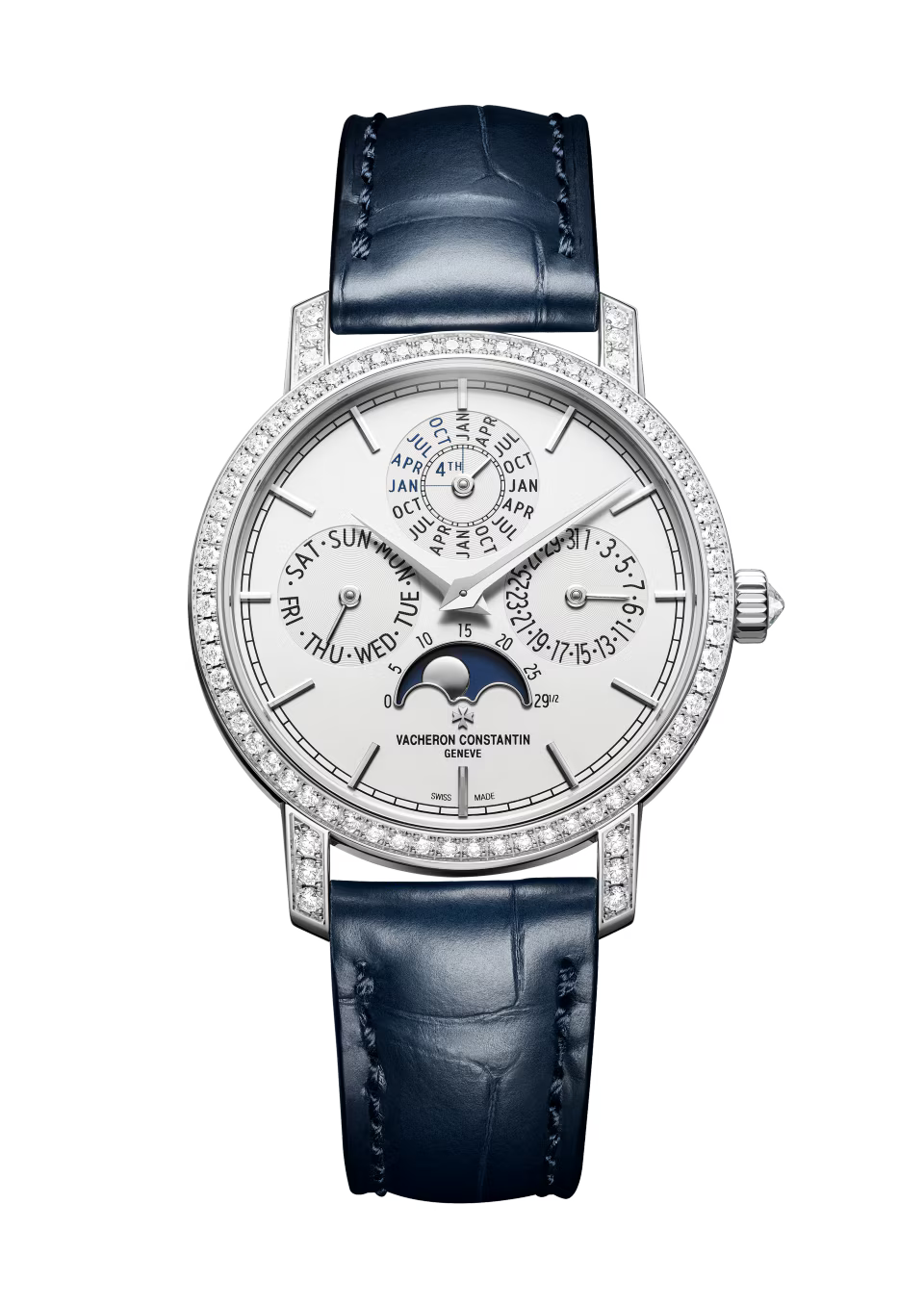 Vacheron Constantin Traditionnelle Perpetual Calendar Ultra-Thin White Gold 36.5 MM - Dark Blue Leather Strap - Diamond Bezel - Silver Dial - 4305T/000G-H135