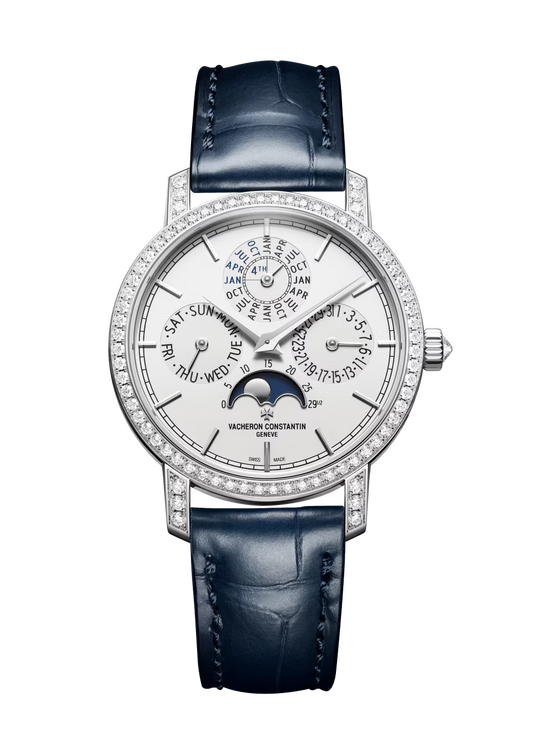 Vacheron Constantin Traditionnelle Perpetual Calendar Ultra-Thin White Gold 36.5 MM - Dark Blue Leather Strap - Diamond Bezel - Silver Dial - 4305T/000G-H135