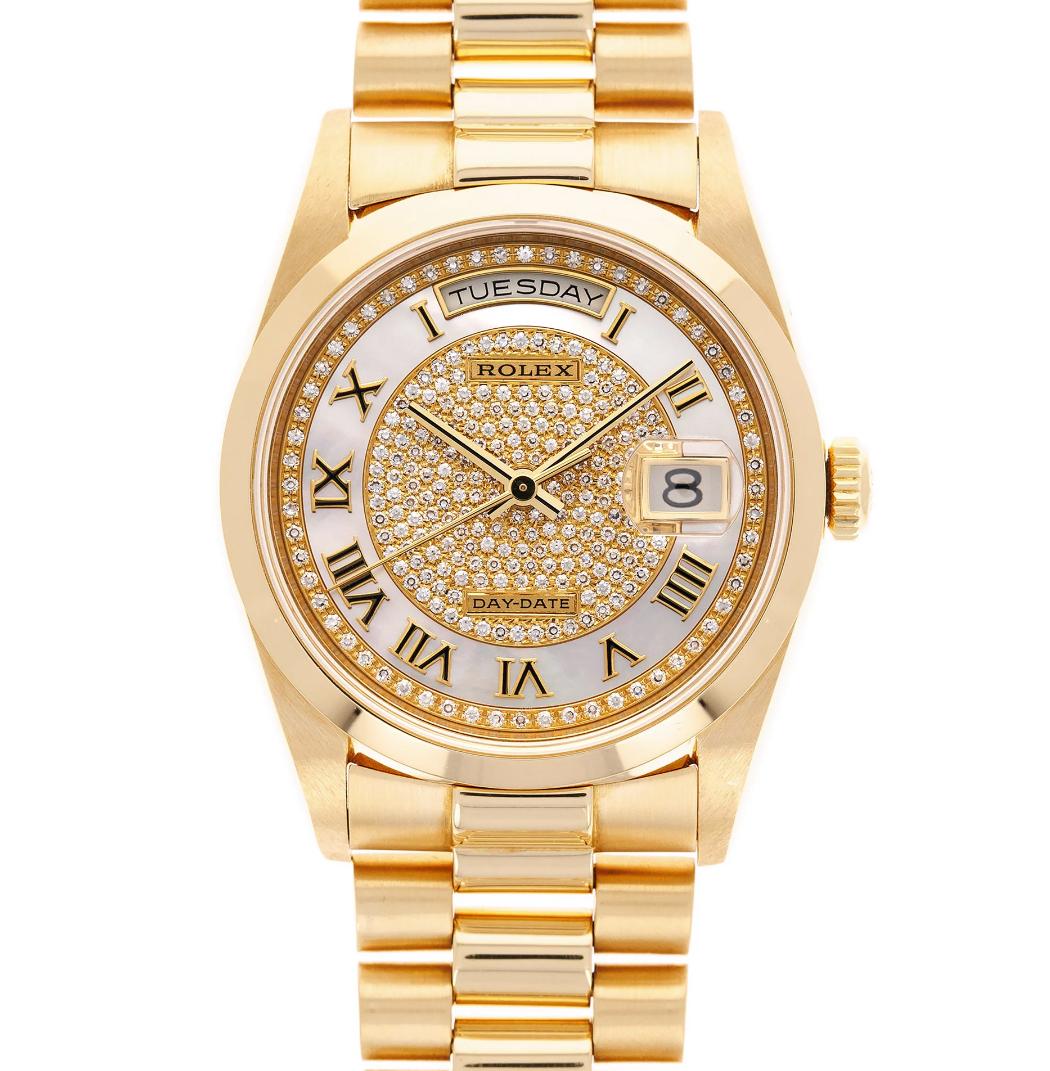 Rolex Day-Date - 36 MM - Yellow Gold - Diamond Bezel - Mother of Pearl and Diamond Roman Dial - 18208 MoPDR