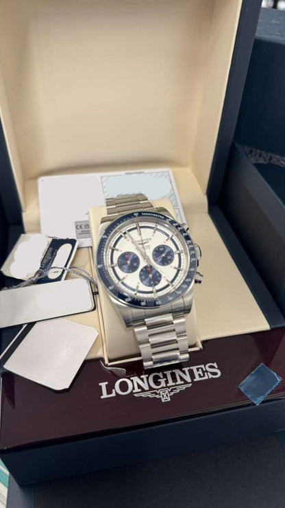 Longines Conquest Chronograph - 42 MM - Steel Case - Ceramic Bezel - Silver with Blue Counters Dial - L3.835.4.98.6