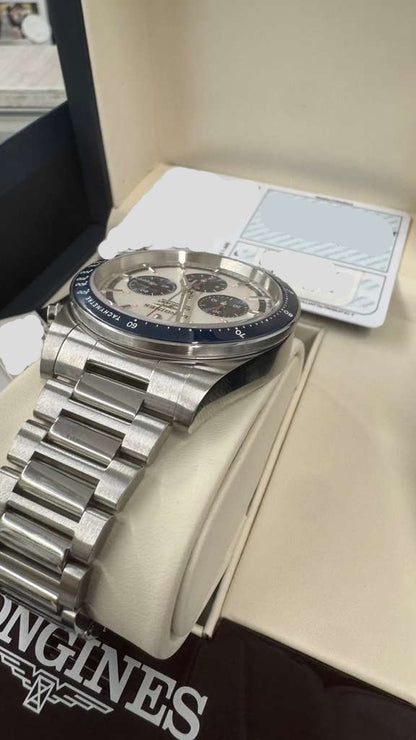 Longines Conquest Chronograph - 42 MM - Steel Case - Ceramic Bezel - Silver with Blue Counters Dial - L3.835.4.98.6