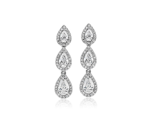 Pear Shape Diamond Halo Drop Earrings -  14k White Gold - 1 5/8 Ct. Tw. - E-0028WG14PSDH