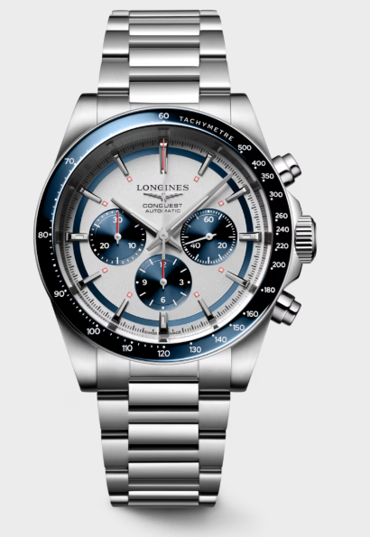 Longines Conquest Chronograph - 42 MM - Steel Case - Ceramic Bezel - Silver with Blue Counters Dial - L3.835.4.98.6