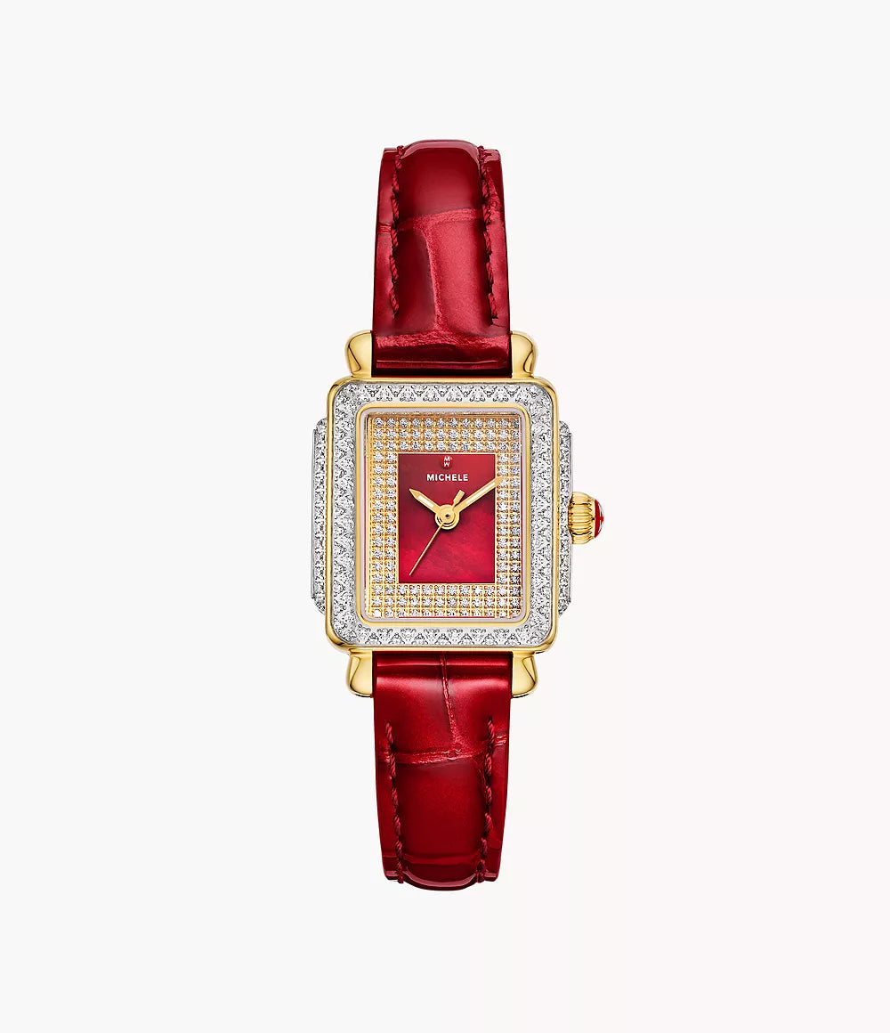 Michele Deco Madison Mini Two Tone - 24 MM - Stainless Steel, 18k Gold Plated - Diamond Bezel - Red Roman Diamond Dial - MWW06D000170