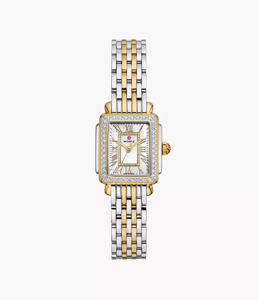 Michele Deco Madison Mini Two-Tone - 24 MM - Stainless Steel, 18k Gold Plated - Diamond Bezel - Silver Roman Diamond Dial - MWW06D000172