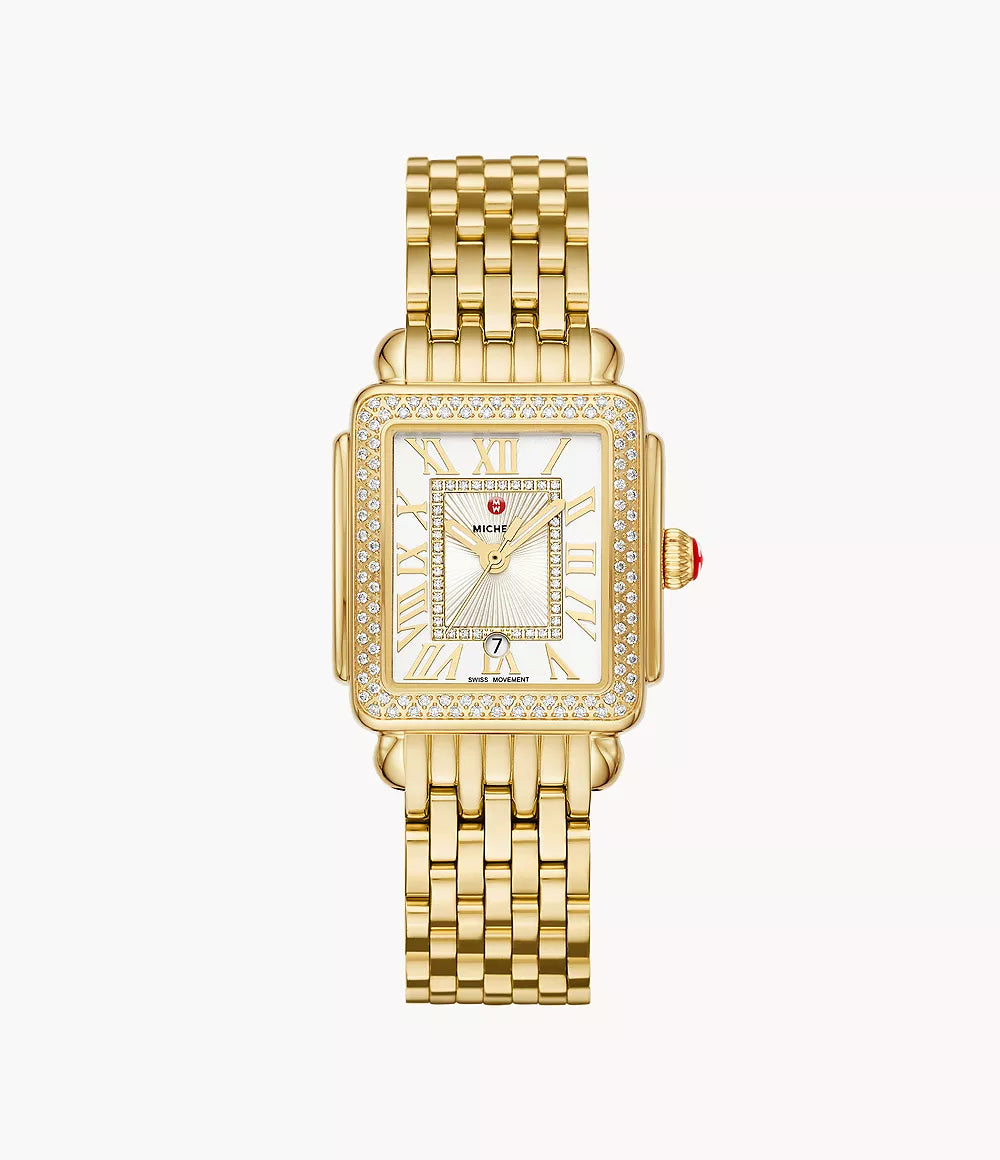 Michele Deco Madison Mid - 31 MM - Stainless Steel, 18k Gold Plated - Diamond Bezel - White Silver Diamond Dial - MWW06G000003