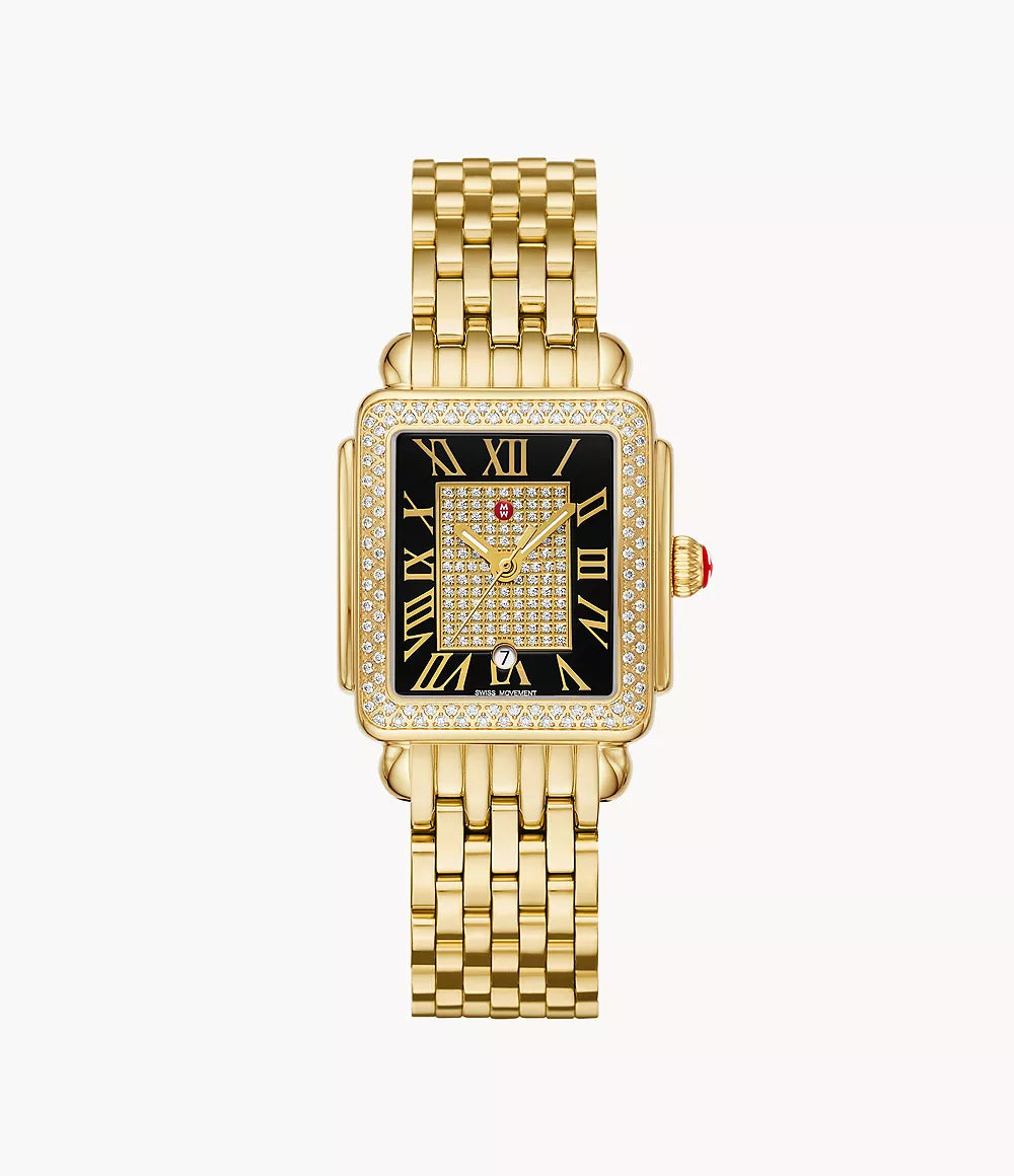 Michele Deco Madison Mid - 31 MM - Stainless Steel, 18k Gold Plated - Diamond Bezel - Black Roman Diamond Dial - MWW06G000044