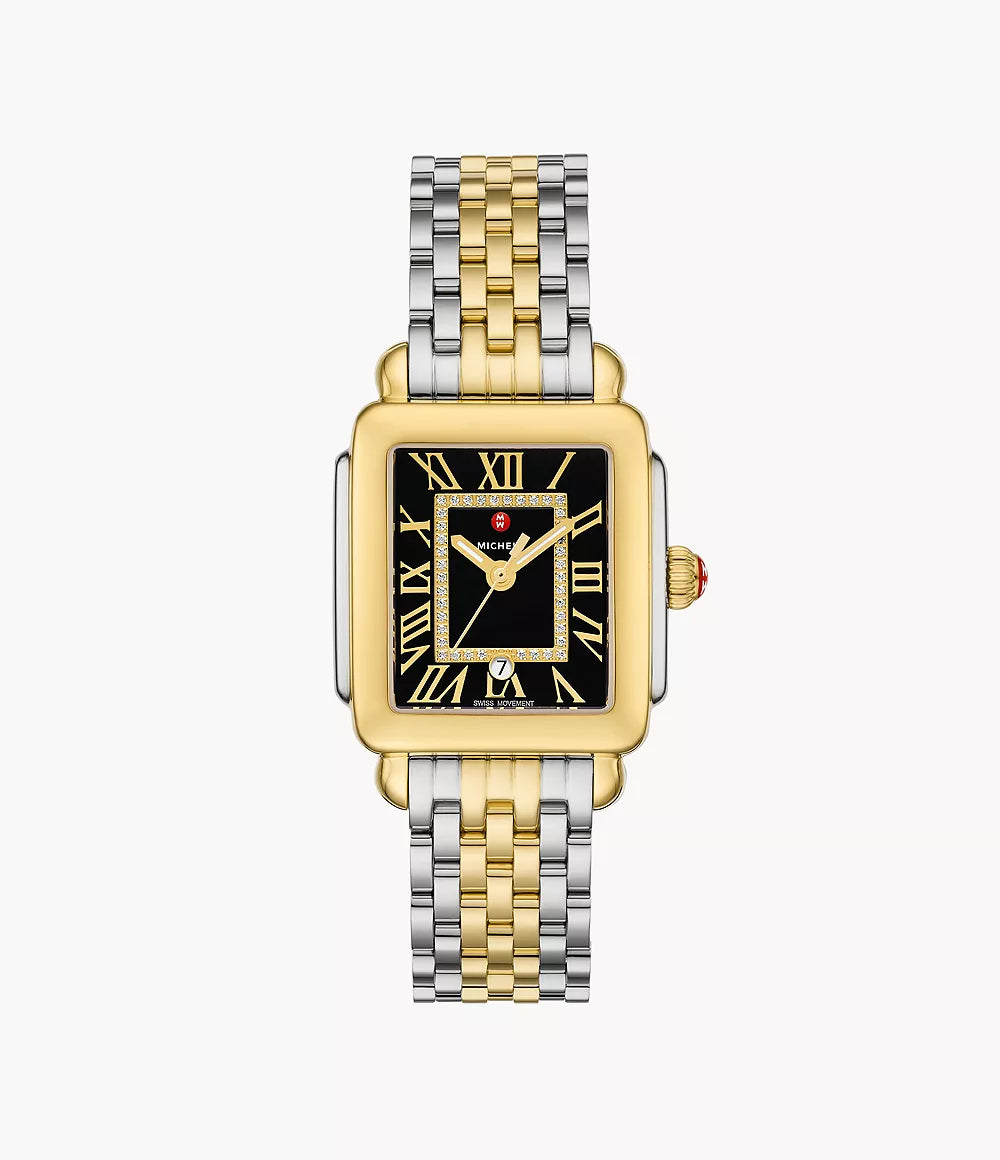 Michele Deco Madison Mid Two-Tone - 31 MM - Stainless Steel, 18k Gold Plated - Black Roman Diamond Dial - MWW06G000045