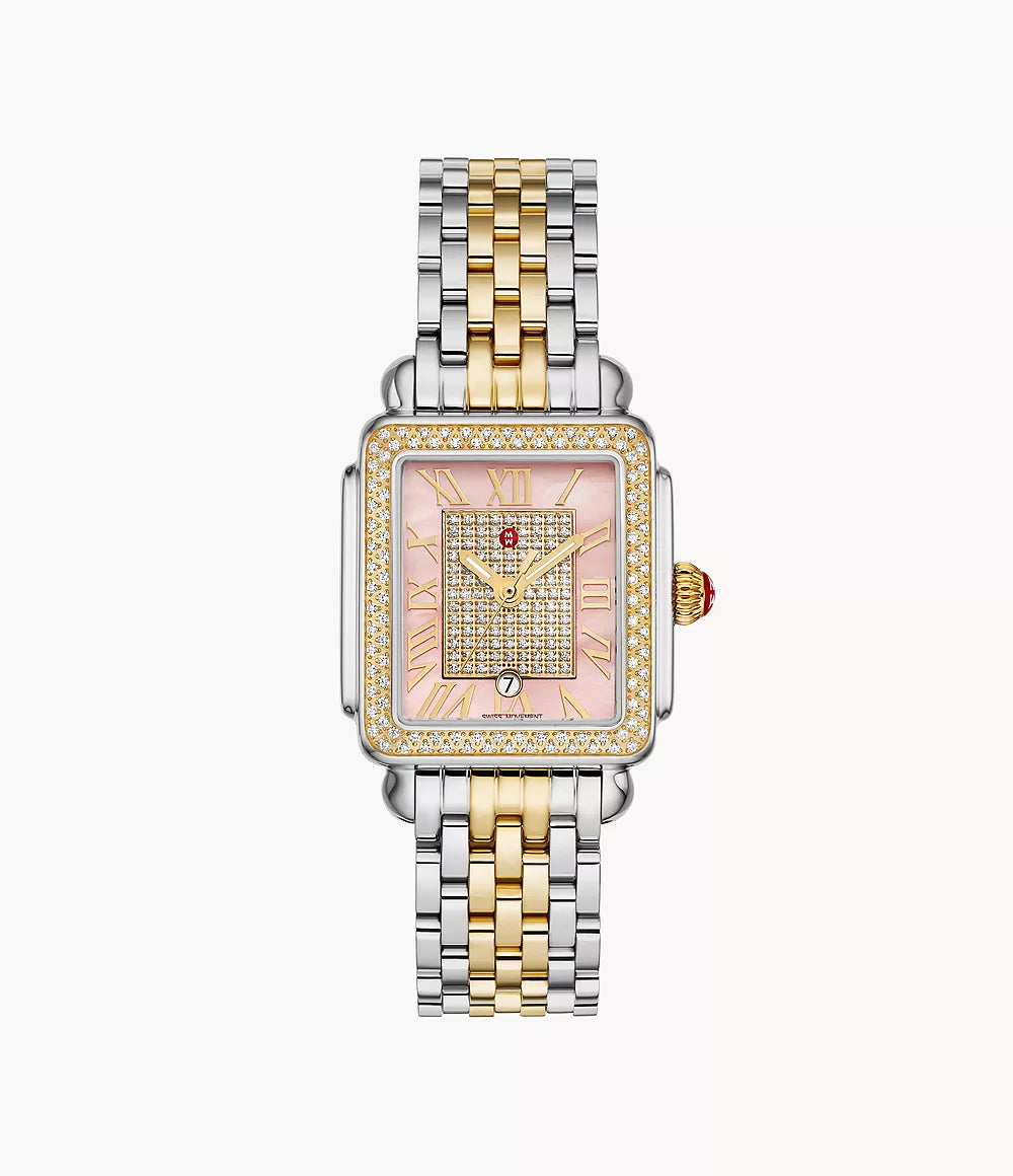 Michele Deco Madison Mid Two-Tone - 31 MM - Stainless Steel, 18k Gold Plated - Diamond Bezel - Pink Diamond Dial - MWW06G000047