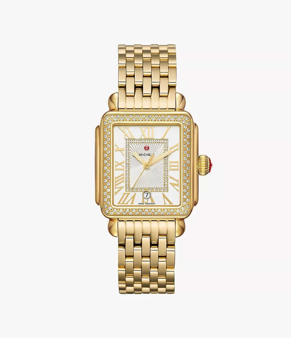 Michele Deco Madison - 35 MM - Stainless Steel, 18k Gold Plated - Diamond Bezel - Silver Roman Diamond Dial - MWW06T000161