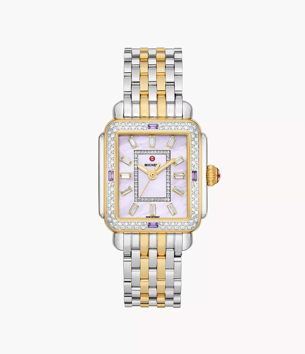 Michele Deco Madison Two Tone - 35 MM - Stainless Steel, 18k Gold Plated - Diamond & Amethyst Bezel - Purple Roman Diamond Dial - MWW06T000263