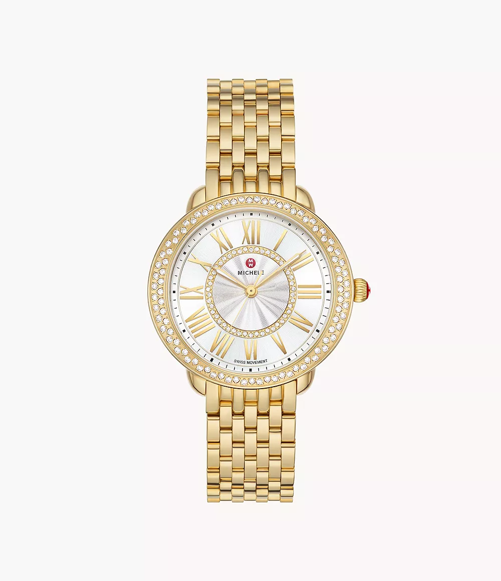 Michele Serein Mid - 36 MM - Stainless Steel, 18k Gold Plated - Diamond Bezel - Silver Roman Diamond Dial - MWW21B000161