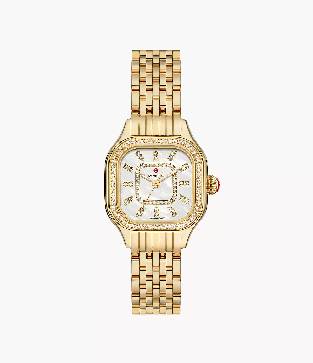 Michele Meggie - 29 MM - Stainless Steel, 18k Yellow Gold Plated - Diamond Bezel - Mother of Pearl Diamond Dial - MWW33B000003