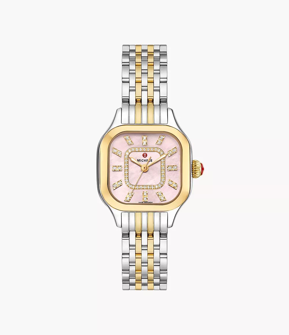 Michele Meggie Two Tone - 29 MM - Stainless Steel, 18k Gold Plated - Pink Mother of Pearl Diamond Dial - MWW33B000014