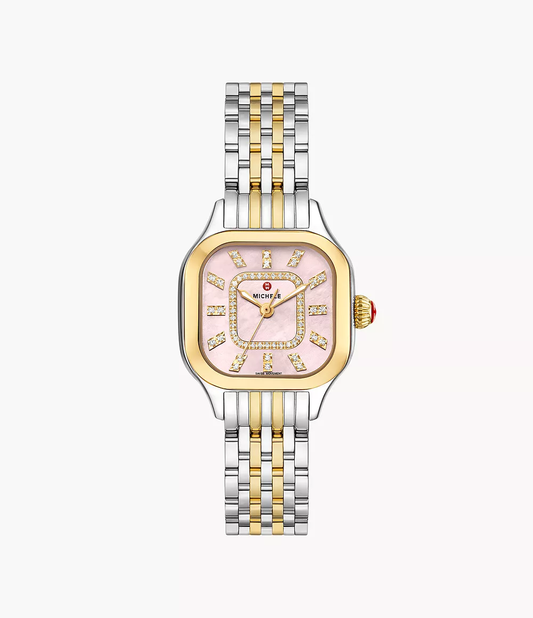 Michele Meggie Two Tone - 29 MM - Stainless Steel, 18k Gold Plated - Pink Mother of Pearl Diamond Dial - MWW33B000014