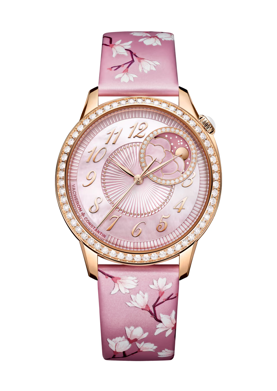 Vacheron Constantin Égérie Moon Phase Pink Gold 37 MM - Pink Leather Strap - Diamond Bezel - Pink Mother-Of-Pearl Diamond Dial - 8005F/000R-H157