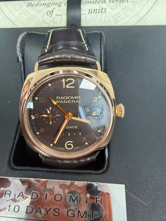 Panerai Radiomir 10 Days GMT Rose Gold - Limited Edition - 45 MM - Brown Alligator Strap - Brown Dial - PAM00497